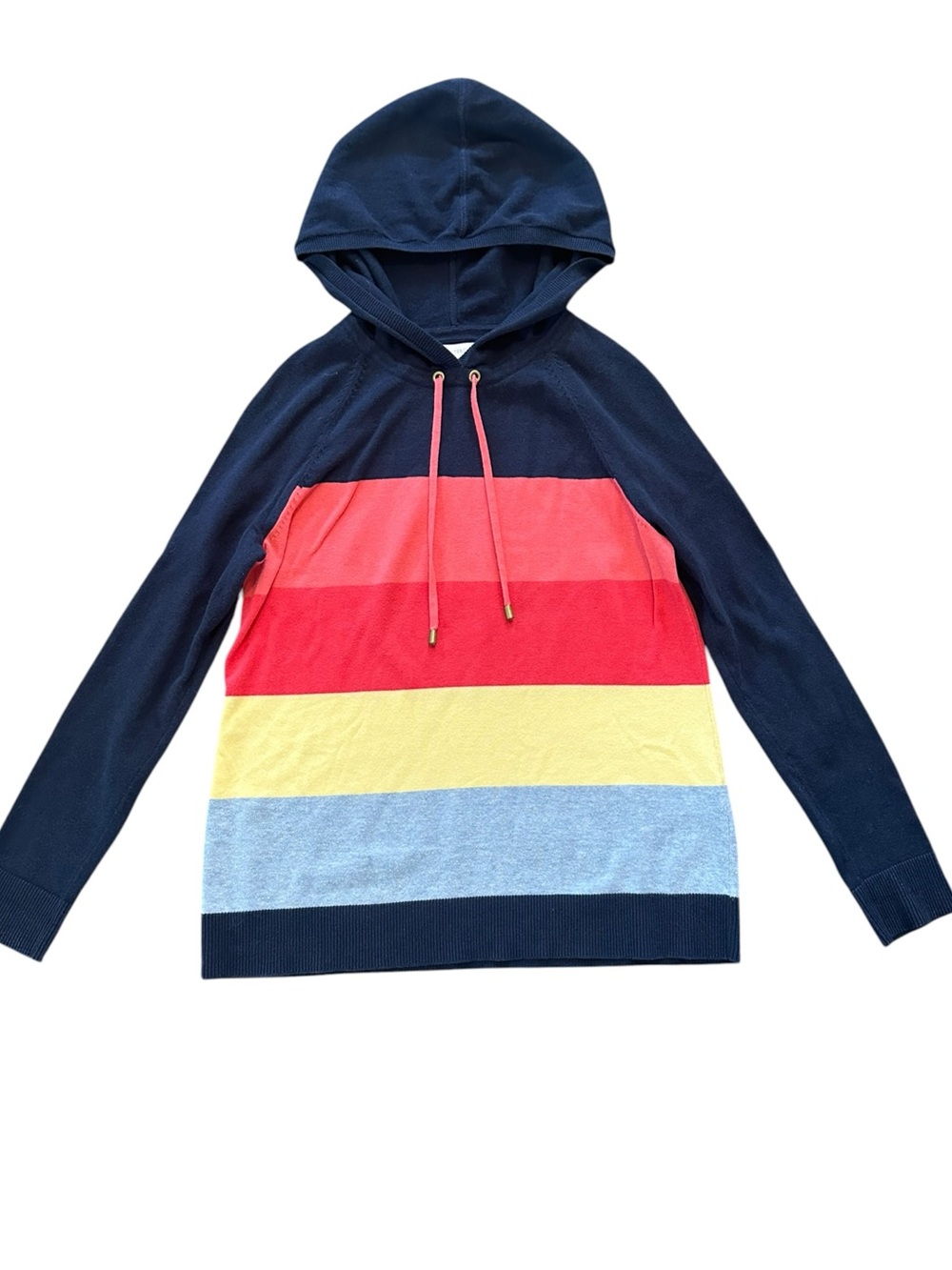 CHARTER CLUB cotton blend navy blue multi color striped hooded sweater size M